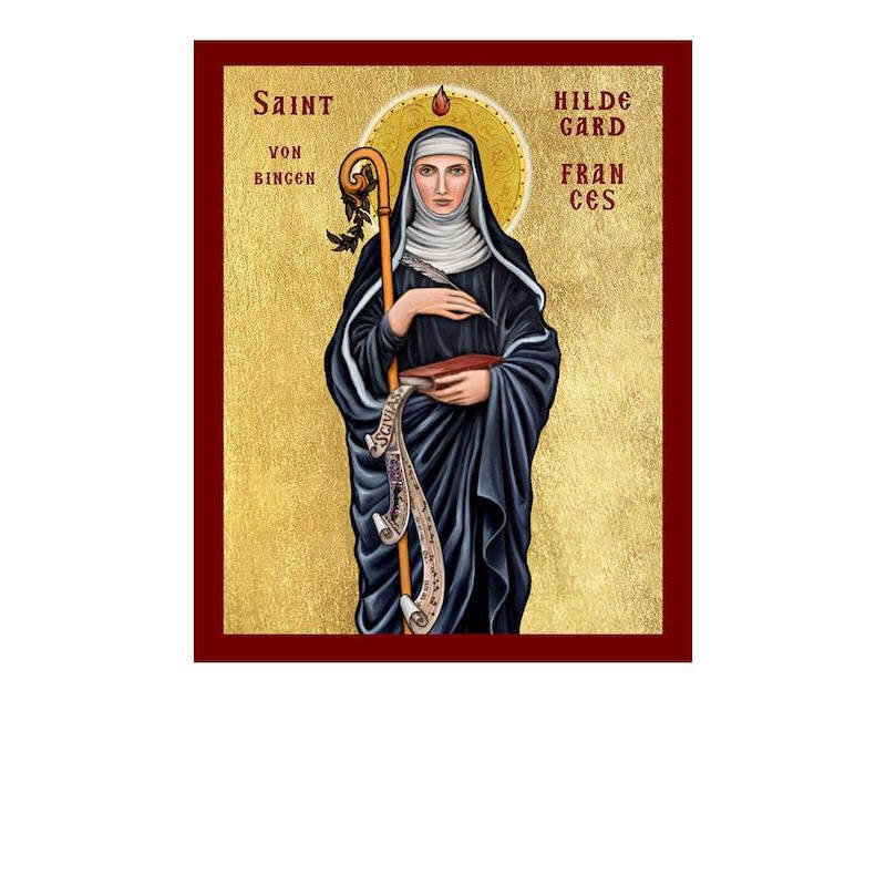 Εικόνα Ορθοδοξίας με περίγραμμα χρυσό σε ξύλο Φλαμουρίας  με  βάση Εικόνα Αγίας Χίλντεγκαρντ του Μπίνγκεν, Χειροποίητη Χριστιανική Εικόνα της Αγίας Χίλντεγκαρντ, Κρεμαστή πλάκα Βυζαντινής Τέχνης, Χριστιανική Θρησκευτική Τέχνη Διάσταση 26x20 cm (10,2 x 7,9