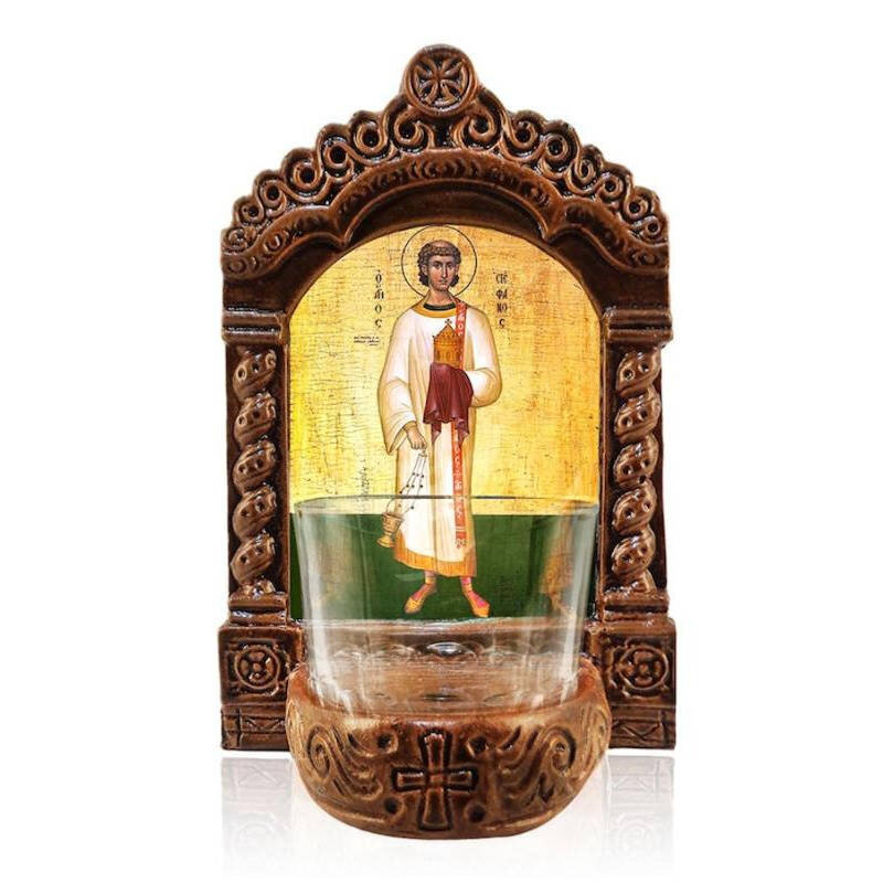 Εικόνα Ορθοδοξίας με περίγραμμα χρυσό σε ξύλο Φλαμουρίας  με  βάση Αγρυπνός Αγίου Στεφάνου, Άγιος Στέφανος ο Πρωτομάρτυρας Ελληνικής κατασκευής Επιτραπέζια εικόνα, Χειροποίητο Κεραμικό Φωτιστικό με Γυάλινο Κύπελλο Διάσταση 26x20 cm (10,2 x 7,9 ίντσες) INT