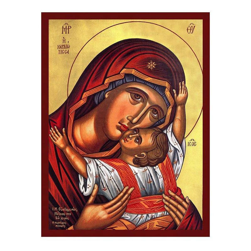 Εικόνα Ορθοδοξίας με περίγραμμα χρυσό σε ξύλο Φλαμουρίας  με  βάση Εικόνα της Παναγίας της Τρυφερότητας, Χειροποίητη Βυζαντινή εικόνα της Παναγίας της Καρδιώτισσας, Κρεμαστή πλάκα θρησκευτικής τέχνης, Χριστιανικό δώρο Διάσταση 26x20 cm (10,2 x 7,9 ίντσες)