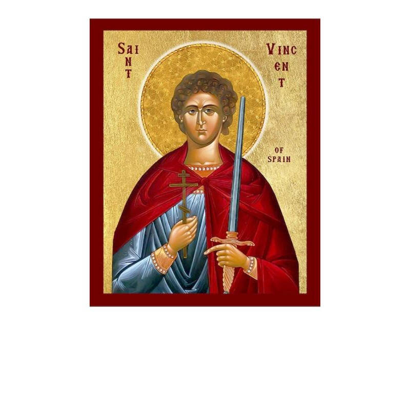 Εικόνα Ορθοδοξίας με περίγραμμα χρυσό σε ξύλο Φλαμουρίας  με  βάση Εικόνα Αγίου Βικεντίου της Ισπανίας, Χειροποίητη Χριστιανική Εικόνα του Αγίου Βικεντίου της Ισπανίας, Κρεμαστή πλάκα Βυζαντινής Τέχνης, Χριστιανική Θρησκευτική Τέχνη Διάσταση 26x20 cm (10,