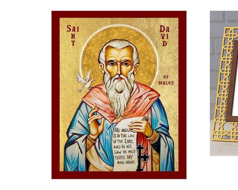 Εικόνα Ορθοδοξίας με περίγραμμα χρυσό σε ξύλο Φλαμουρίας  με  βάση Εικόνα Αγίου Δαβίδ της Ουαλίας, Χειροποίητη Θρησκευτική Εικόνα του Αγίου Δαυίδ της Ουαλίας, Πλακέτα Βυζαντινής Τέχνης, Χριστιανική Θρησκευτική Τέχνη Διάσταση 26x20 cm (10,2 x 7,9 ίντσες) I