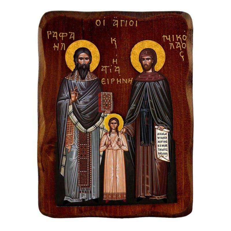 Σετ 2 τεμαχίων – Εικόνα Ορθοδοξίας με περίγραμμα χρυσό σε ξύλο Φλαμουρίας  με  βάση Εικόνα Αγίων Ραφαήλ, Νικολάου και Ειρήνης, Χειροποίητη ελληνορθόδοξη εικόνα, επιτοίχια πλάκα βυζαντινής τέχνης, θρησκευτικό δώρο, χριστιανική διακόσμηση Διάσταση 21x15 cm