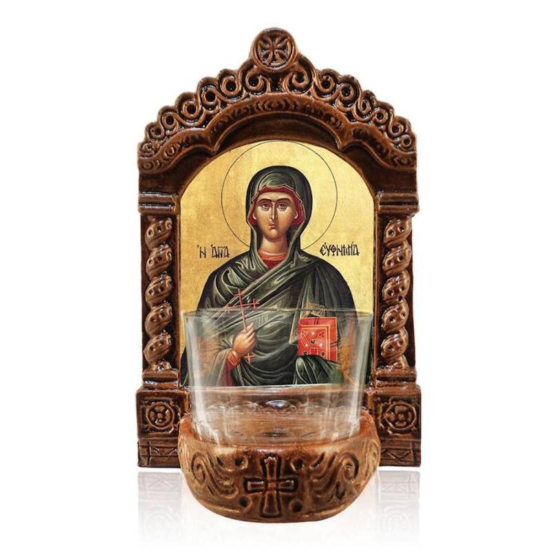 Σετ 2 τεμαχίων – Εικόνα Ορθοδοξίας με περίγραμμα χρυσό σε ξύλο Φλαμουρίας  με  βάση Αγρυπνός Αγρυπνίας Αγίας Ευφημίας, Αγία Ευφημία η Μεγαλομάρτυς Ελληνική Επιτραπέζια Εικόνα, Χειροποίητο Κεραμικό Φωτιστικό Αγρυπνίας με Γυάλινο Κύπελλο Διάσταση 21x15 cm (