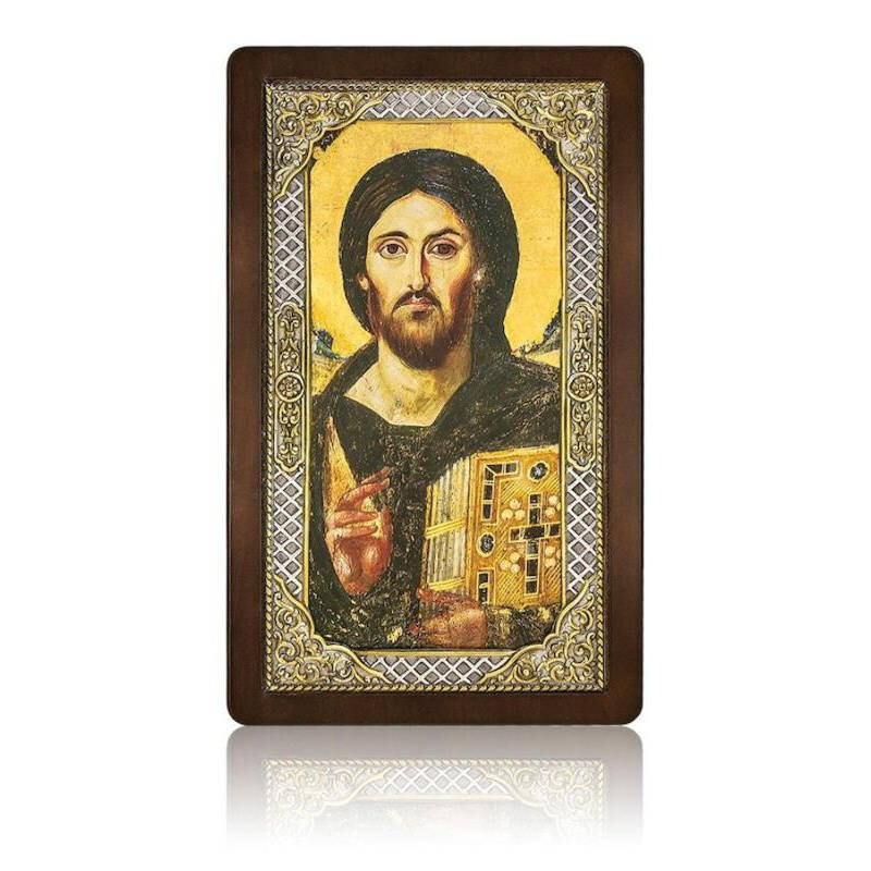 Εικόνα Ορθοδοξίας με περίγραμμα χρυσό σε ξύλο Φλαμουρίας  με  βάση Ιησούς Χριστός του Σινά Ασημένιο Χρυσό Εικονίδιο 29x17cm, Χειροποίητη Θρησκευτική Τέχνη, Χρυσός 24 καρατίων &amp; Ασήμι 925 Ο Κύριος μας Ιησούς Παντοκράτορας, Χριστιανικό Δώρο Διάσταση 26x