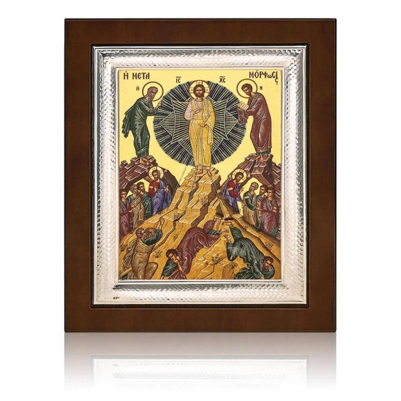 Εικόνα Ορθοδοξίας με περίγραμμα χρυσό σε ξύλο Φλαμουρίας  με  βάση Εικόνα Η Μεταμόρφωση του Ιησού Χριστού, Σφράγιση χρυσού φύλλου με διακοσμητικό ασημένιο φιλμ, 27x22 εκ., Χειροποίητη Θρησκευτική Τέχνη, Χριστιανικό Δώρο Διάσταση 10x7 cm (3,9 x 2,8 ίντσες)