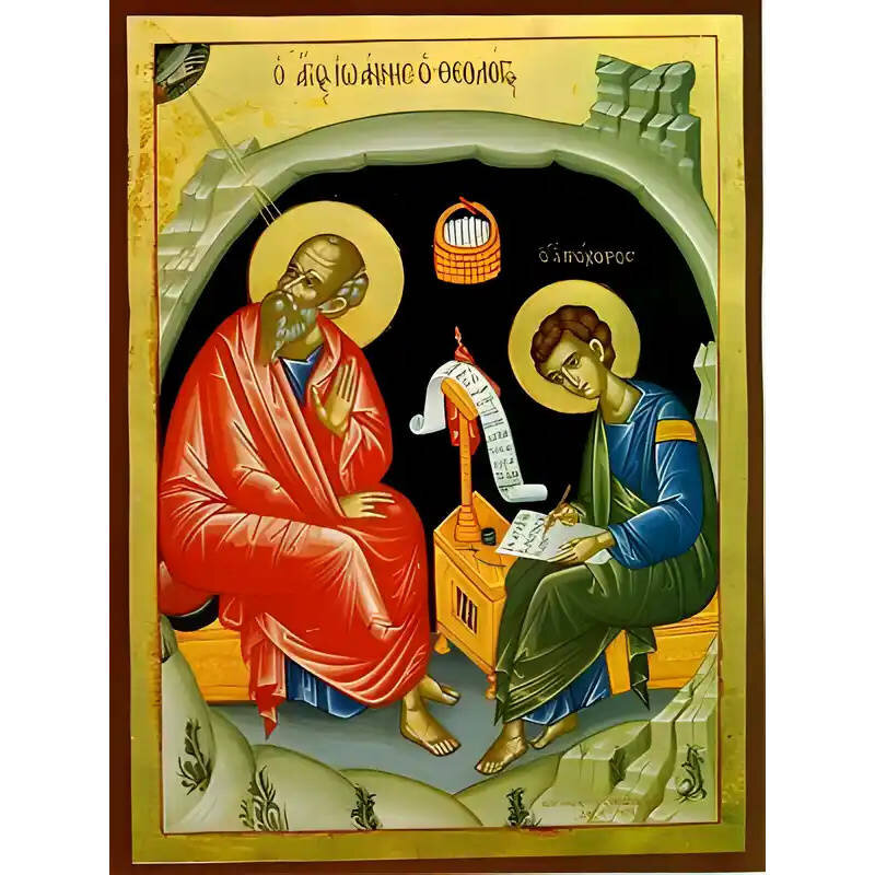 Σετ των 2 Εικόνα Ορθοδοξίας με περίγραμμα χρυσό σε ξύλο Φλαμουρίας  με  βάση Εικόνα ΑΓΙΟΣ ΑΠΟΣΤΟΛΟΣ ΚΑΙ ΕΥΑΓΓΕΛΙΣΤΗΣ ΙΩΑΝΝΗΣ Ο ΘΕΟΛΟΓΟΣ ΚΑΙ ΑΓΙΟΣ ΑΠΟΣΤΟΛΟΣ ΠΡΟΧΟΡΟΣ ΣΕ ΣΠΗΛΑΙΟ, ΟΛΟΣΩΜΟΙ Χειροποίητη Ελληνορθόδοξη εικόνα του Ιησού Χριστού, Κρεμαστή πλάκα βυ