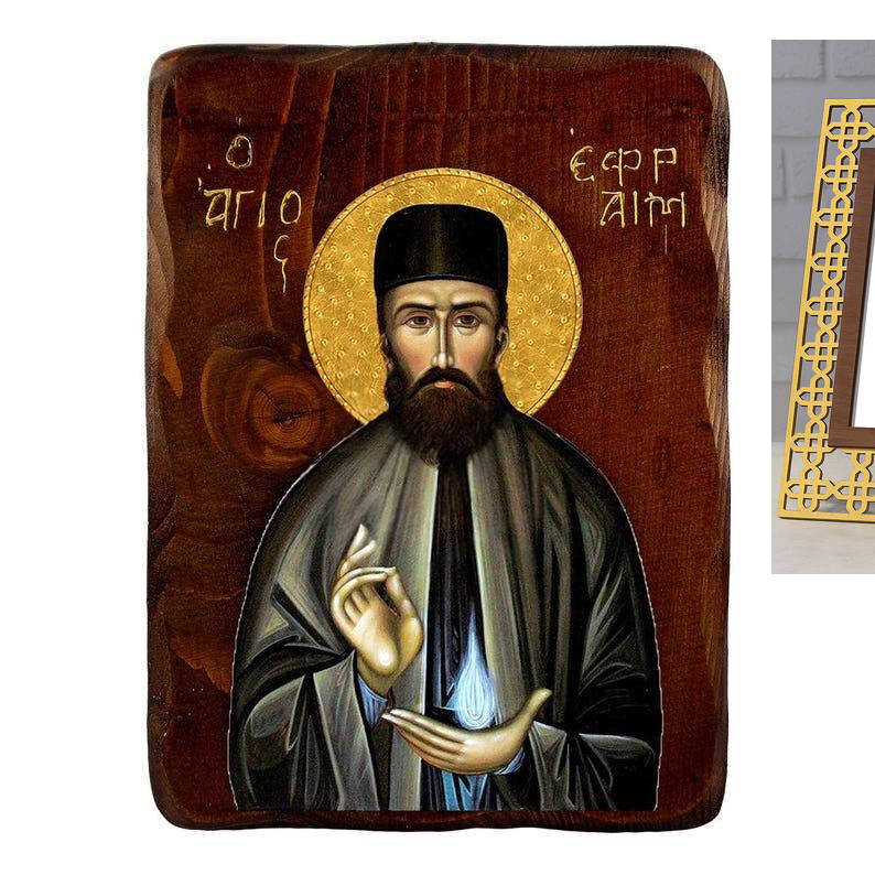 Σετ 2 τεμαχίων – Εικόνα Ορθοδοξίας με περίγραμμα χρυσό σε ξύλο Φλαμουρίας  με  βάση Εικόνα Αγίου Εφραίμ, Χειροποίητη ελληνορθόδοξη εικόνα του Αγίου Εφραίμ, επιτοίχια πλάκα βυζαντινής τέχνης, θρησκευτικό δώρο, χριστιανική διακόσμηση Διάσταση 21x15 cm (8,3