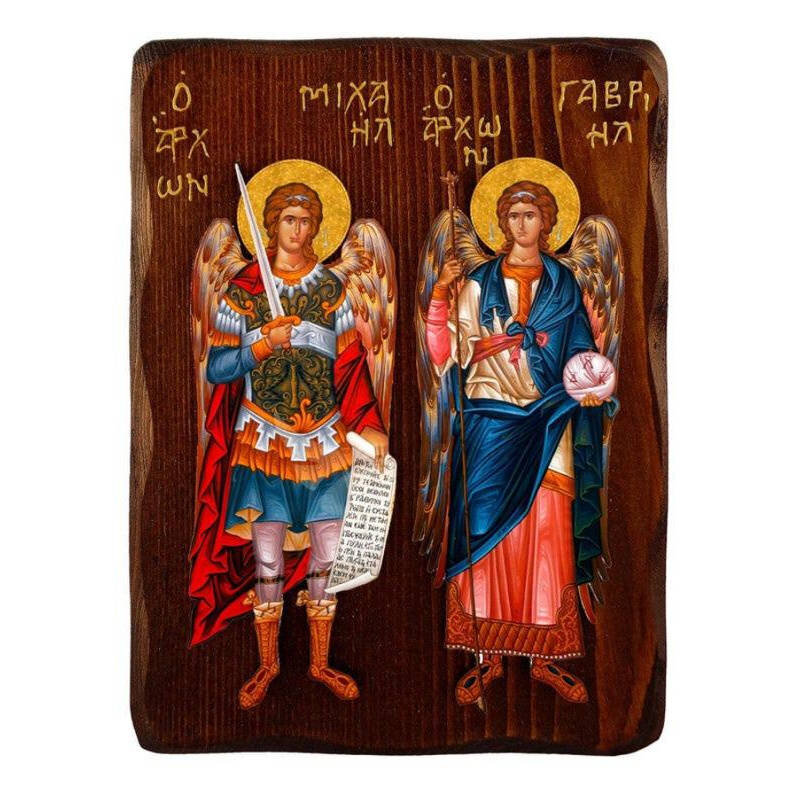 Σετ 2 τεμαχίων – Εικόνα Ορθοδοξίας με περίγραμμα χρυσό σε ξύλο Φλαμουρίας  με  βάση Εικόνα Αρχαγγέλων Μιχαήλ και Γαβριήλ, Χειροποίητη Ελληνική εικόνα Αρχαγγέλων, Κρεμαστή πλάκα βυζαντινής τέχνης, θρησκευτικό δώρο, χριστιανική διακόσμηση Διάσταση 15x11 cm