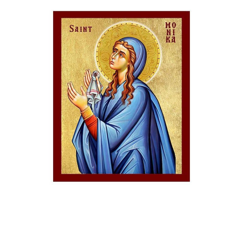 Εικόνα Ορθοδοξίας με περίγραμμα χρυσό σε ξύλο Φλαμουρίας  με  βάση Εικόνα Αγίας Μόνικας, Χειροποίητη Θρησκευτική Εικόνα Αγίας Μόνικας, Κρεμαστή πλάκα Βυζαντινής Τέχνης, Χριστιανική Θρησκευτική Τέχνη Διάσταση 10x7 cm (3,9 x 2,8 ίντσες) INTRAEK-816723740