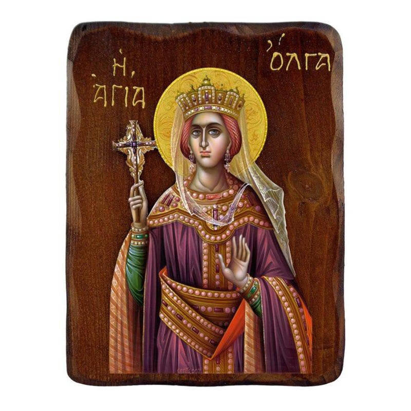 Εικόνα Ορθοδοξίας με περίγραμμα χρυσό σε ξύλο Φλαμουρίας  με  βάση Εικόνα Αγίας Όλγας, Χειροποίητη ελληνορθόδοξη εικόνα της Αγίας Όλγας, επιτοίχια πλάκα βυζαντινής τέχνης, θρησκευτικό δώρο, χριστιανική διακόσμηση Διάσταση 10x7 cm (3,9 x 2,8 ίντσες) INTRAE