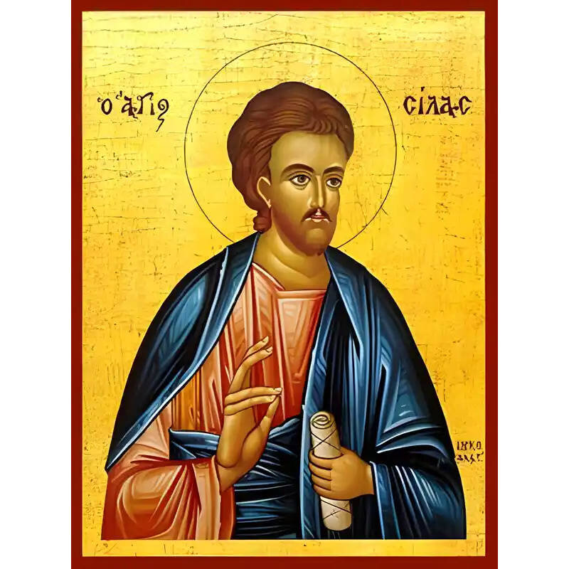 Σετ 2 τεμαχίων – Εικόνα Ορθοδοξίας με περίγραμμα χρυσό σε ξύλο Φλαμουρίας  με  βάση Εικόνα ΑΓΙΟΣ ΑΠΟΣΤΟΛΟΣ ΣΙΛΑΣ Χειροποίητη Ελληνορθόδοξη εικόνα του Ιησού Χριστού, Κρεμαστή πλάκα βυζαντινής τέχνης, χριστιανική τέχνη Διάσταση 15x11 cm (5,9x4,3 ίντσες)  IN
