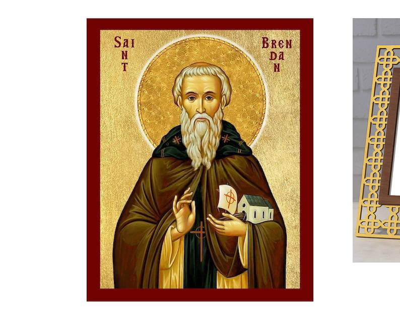 Εικόνα Ορθοδοξίας με περίγραμμα χρυσό σε ξύλο Φλαμουρίας  με  βάση Εικόνα Αγίου Μπρένταν του Πλοηγού, Χειροποίητη Χριστιανική Εικόνα του Αγίου Μπρένταν, Πλακέτα Βυζαντινής Τέχνης, Χριστιανική Θρησκευτική Τέχνη Διάσταση 10x7 cm (3,9 x 2,8 ίντσες) INTRAEK-8