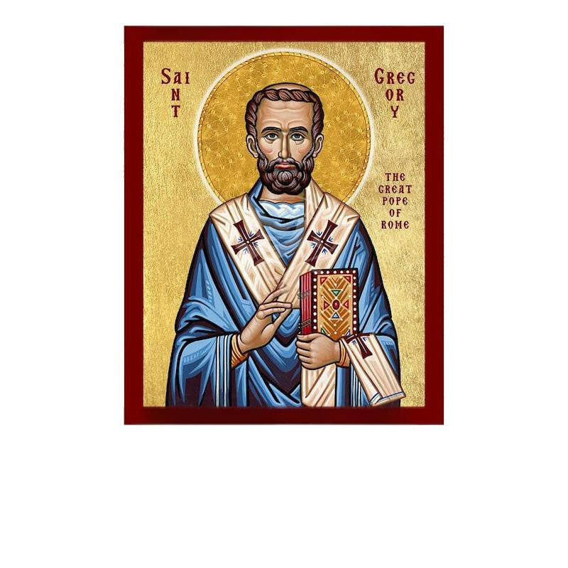 Σετ 2 τεμαχίων – Εικόνα Ορθοδοξίας με περίγραμμα χρυσό σε ξύλο Φλαμουρίας  με  βάση Εικόνα Αγίου Γρηγορίου του Μεγάλου Πάπα της Ρώμης, Χειροποίητη ελληνική εικόνα του Αγίου Γρηγορίου Πάπα, επιτοίχια πλάκα βυζαντινής τέχνης, χριστιανικό δώρο Διάσταση 15x11