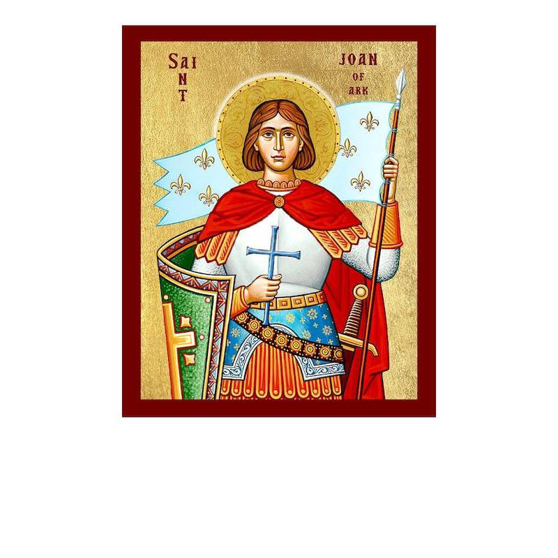 Εικόνα Ορθοδοξίας με περίγραμμα χρυσό σε ξύλο Φλαμουρίας  με  βάση Εικόνα της Αγίας Ιωάννας της Αρκίας, Χειροποίητη Θρησκευτική Εικόνα της Αγίας Ιωάννας της Αρκίας, Κρεμαστή πλάκα Βυζαντινής Τέχνης, Χριστιανική Θρησκευτική Τέχνη Διάσταση 10x7 cm (3,9 x 2,