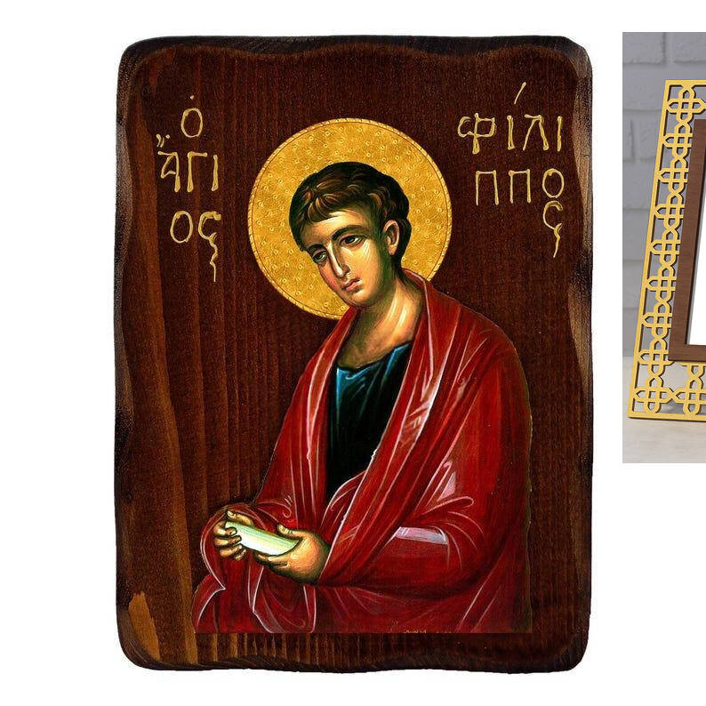 Εικόνα Ορθοδοξίας με περίγραμμα χρυσό σε ξύλο Φλαμουρίας  με  βάση Εικόνα Αγίου Φιλίππου, Χειροποίητη Ελληνορθόδοξη εικόνα του Αγίου Φιλίππου, επιτοίχια πλάκα βυζαντινής τέχνης, θρησκευτικό δώρο, χριστιανική διακόσμηση Διάσταση 10x7 cm (3,9 x 2,8 ίντσες)