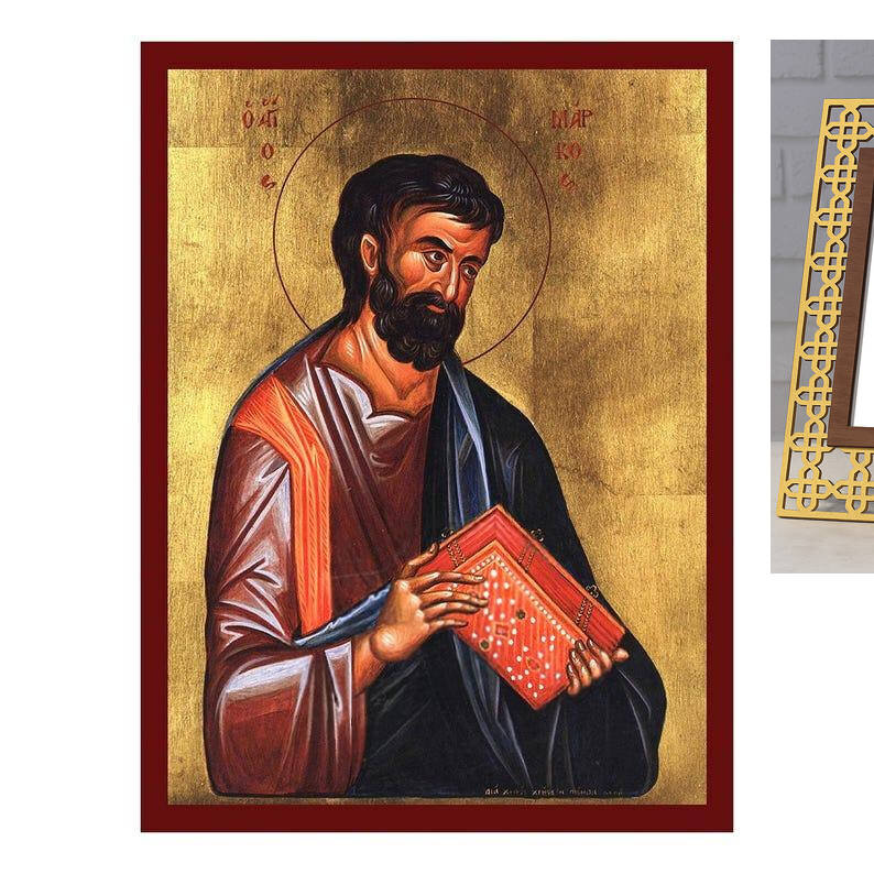 Εικόνα Ορθοδοξίας με περίγραμμα χρυσό σε ξύλο Φλαμουρίας  με  βάση Εικόνα Αγίου Μάρκου του Ευαγγελιστή, Χειροποίητη Βυζαντινή εικόνα του Αγίου Μάρκου, Κρεμαστή πλάκα θρησκευτικής τέχνης, χριστιανικό δώρο Διάσταση 10x7 cm (3,9 x 2,8 ίντσες) INTRAEK-8167237