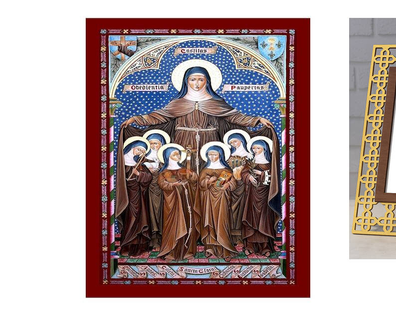 Εικόνα Ορθοδοξίας με περίγραμμα χρυσό σε ξύλο Φλαμουρίας  με  βάση Εικόνα Saint Clare of Assisi, Χειροποίητη Θρησκευτική Εικόνα Saint Clare of Assisi, Επιτοίχια Βυζαντινή Τέχνη, Χριστιανική Θρησκευτική Τέχνη Διάσταση 10x7 cm (3,9 x 2,8 ίντσες) INTRAEK-816