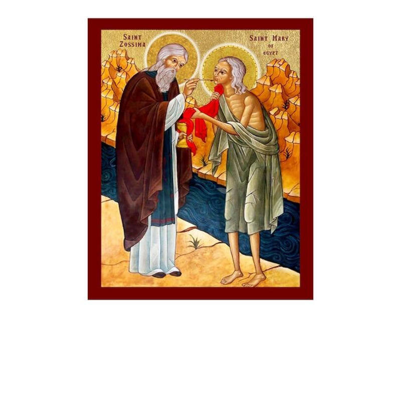 Εικόνα Ορθοδοξίας με περίγραμμα χρυσό σε ξύλο Φλαμουρίας  με  βάση Εικόνα Αγίων Μαρίας της Αιγύπτου και Ζωσιμά, Χειροποίητη Εικόνα της Παναγίας και του Ζωσιμά, Κρεμαστή πλάκα Βυζαντινής Τέχνης, Χριστιανική Θρησκευτική Τέχνη Διάσταση 10x7 cm (3,9 x 2,8 ίντ