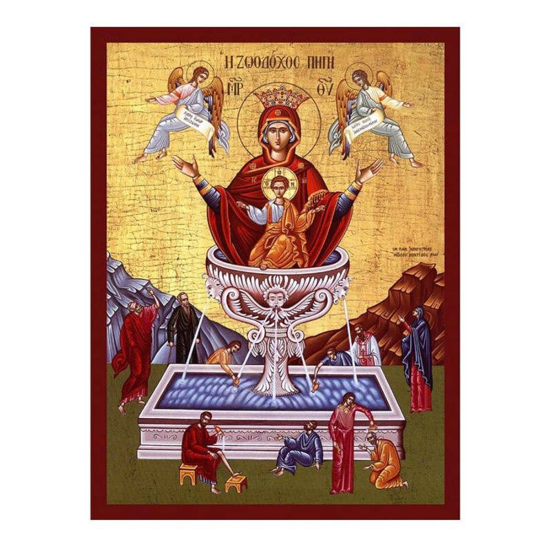 Εικόνα Ορθοδοξίας με περίγραμμα χρυσό σε ξύλο Φλαμουρίας  με  βάση Εικόνα της Ζωοδόχου Πηγής, Χειροποίητη Ελληνική εικόνα της Παναγίας της Ζωοδόχου Πηγής, επιτοίχια πλάκα βυζαντινής τέχνης, χριστιανικό δώρο Διάσταση 10x7 cm (3,9 x 2,8 ίντσες) INTRAEK-8167
