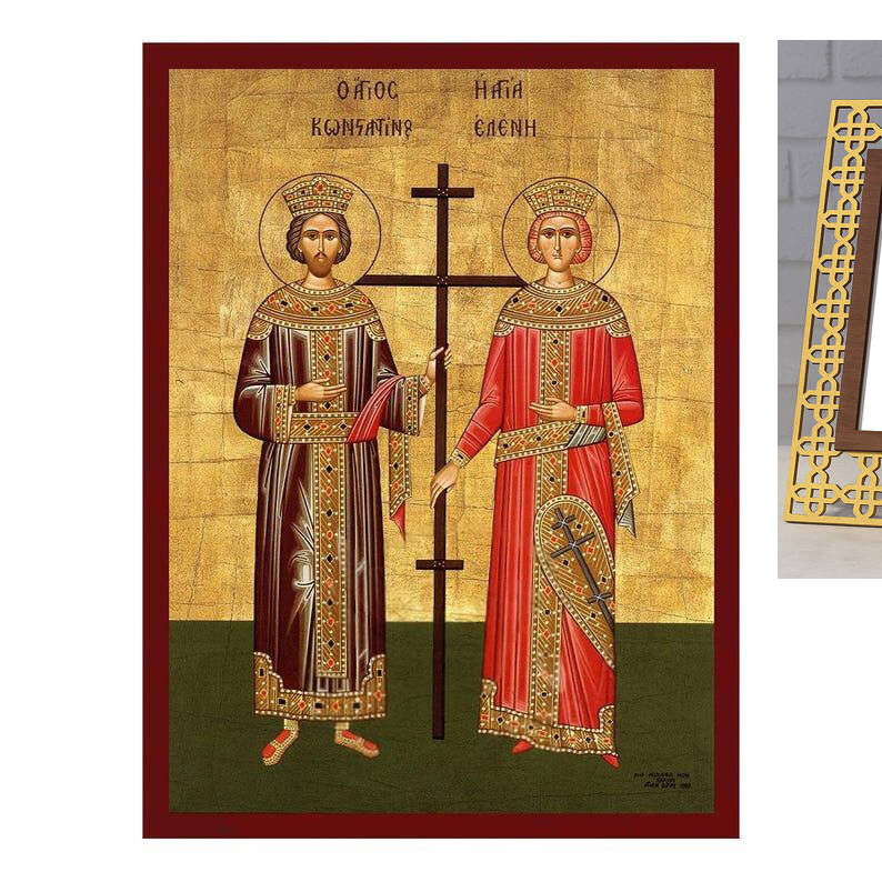 Εικόνα Ορθοδοξίας με περίγραμμα χρυσό σε ξύλο Φλαμουρίας  με  βάση Εικόνα Αγίων Κωνσταντίνου και Ελένης, Χειροποίητη εικόνα Αγίου Κωνσταντίνου και Ελένης, Κρεμαστή πλάκα θρησκευτικής τέχνης, Χριστιανικό δώρο Διάσταση 10x7 cm (3,9 x 2,8 ίντσες) INTRAEK-816