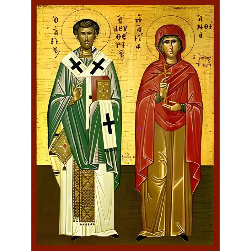 Σετ 2 τεμαχίων – Εικόνα Ορθοδοξίας με περίγραμμα χρυσό σε ξύλο Φλαμουρίας  με  βάση Εικόνα ΑΓΙΟΣ ΕΛΕΥΘΕΡΙΟΣ, ΙΕΡΟΜΑΡΤΥΣ, ΕΠΙΣΚΟΠΟΣ ΙΛΛΥΡΙΚΟΥ ΚΑΙ Η ΜΗΤΗΡ ΑΥΤΟΥ ΑΓΙΑ ΑΝΘΙΑ ΜΑΡΤΥΣ, ΟΛΟΣΩΜΟΙ Χειροποίητη Ελληνορθόδοξη εικόνα του Ιησού Χριστού, Κρεμαστή πλάκα β