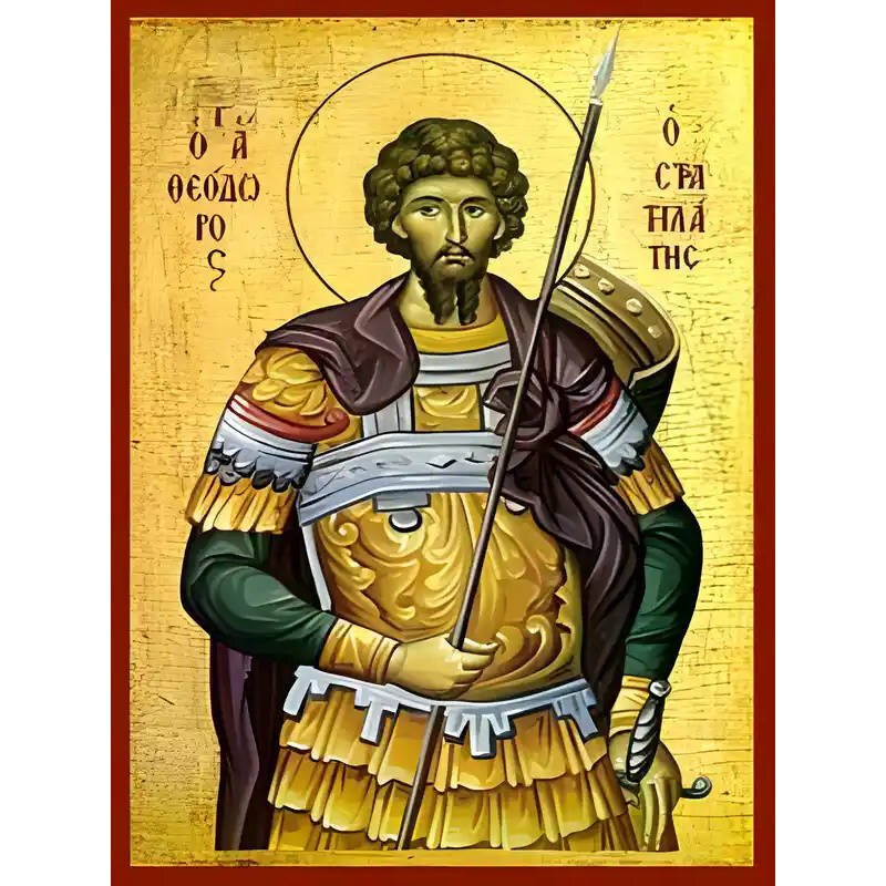 Σετ 2 τεμαχίων – Εικόνα Ορθοδοξίας με περίγραμμα χρυσό σε ξύλο Φλαμουρίας  με  βάση Εικόνα ΑΓΙΟΣ ΘΕΟΔΩΡΟΣ ΜΕΓΑΛΟΜΑΡΤΥΣ, Ο ΣΤΡΑΤΗΛΑΤΗΣ Χειροποίητη Ελληνορθόδοξη εικόνα του Ιησού Χριστού, Κρεμαστή πλάκα βυζαντινής τέχνης, χριστιανική τέχνη Διάσταση 15x11 cm