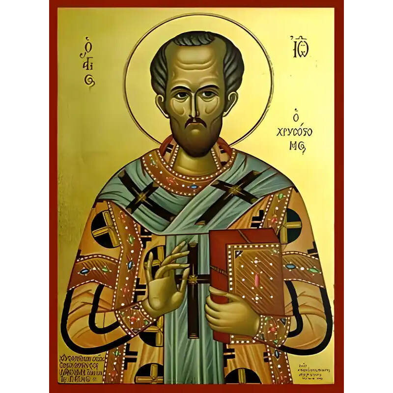 Σετ των 2 Εικόνα Ορθοδοξίας με περίγραμμα χρυσό σε ξύλο Φλαμουρίας  με  βάση Εικόνα ΑΓΙΟΣ ΙΩΑΝΝΗΣ Ο ΧΡΥΣΟΣΤΟΜΟΣ, ΠΑΤΡΙΑΡΧΗΣ ΚΩΝ/ΠΟΛΕΩΣ Χειροποίητη Ελληνορθόδοξη εικόνα του Ιησού Χριστού, Κρεμαστή πλάκα βυζαντινής τέχνης, χριστιανική τέχνη Διάσταση 15x11 c