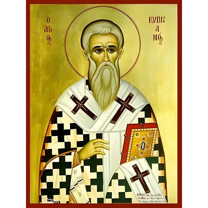 Σετ των 2 Εικόνα Ορθοδοξίας με περίγραμμα χρυσό σε ξύλο Φλαμουρίας  με  βάση Εικόνα ΑΓΙΟΣ ΚΥΠΡΙΑΝΟΣ, ΙΕΡΟΜΑΡΤΥΣ, ΕΠΙΣΚΟΠΟΣ ΚΑΡΧΗΔΟΝΟΣ Χειροποίητη Ελληνορθόδοξη εικόνα του Ιησού Χριστού, Κρεμαστή πλάκα βυζαντινής τέχνης, χριστιανική τέχνη Διάσταση 15x11 cm