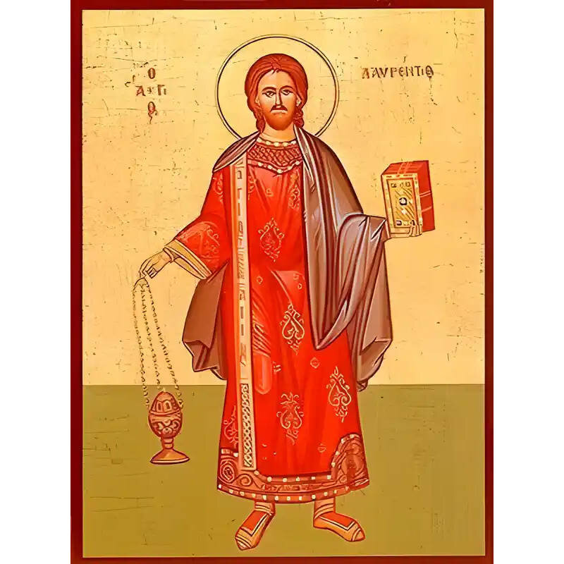 Σετ των 2 Εικόνα Ορθοδοξίας με περίγραμμα χρυσό σε ξύλο Φλαμουρίας  με  βάση Εικόνα ΑΓΙΟΣ ΛΑΥΡΕΝΤΙΟΣ, ΑΡΧΙΔΙΑΚΟΝΟΣ, ΟΛΟΣΩΜΟΣ Χειροποίητη Ελληνορθόδοξη εικόνα του Ιησού Χριστού, Κρεμαστή πλάκα βυζαντινής τέχνης, χριστιανική τέχνη Διάσταση 15x11 cm (5,9x4,3