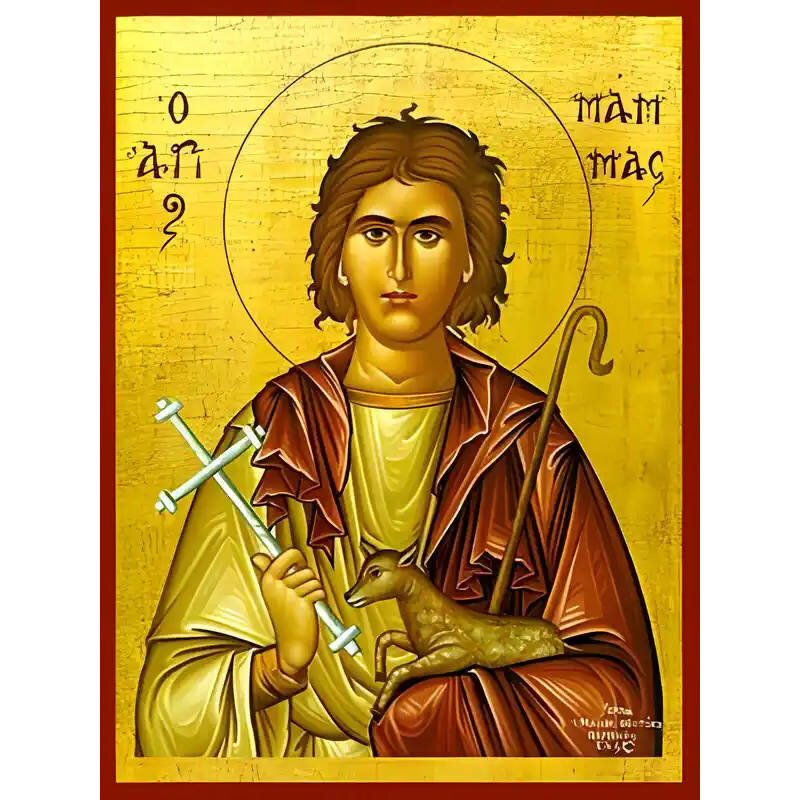 Σετ των 2 Εικόνα Ορθοδοξίας με περίγραμμα χρυσό σε ξύλο Φλαμουρίας  με  βάση Εικόνα ΑΓΙΟΣ ΜΑΜΑΣ, ΜΑΡΤΥΣ, ΚΑΙΣΑΡΕΙΑΣ Χειροποίητη Ελληνορθόδοξη εικόνα του Ιησού Χριστού, Κρεμαστή πλάκα βυζαντινής τέχνης, χριστιανική τέχνη Διάσταση 15x11 cm (5,9x4,3 ίντσες)