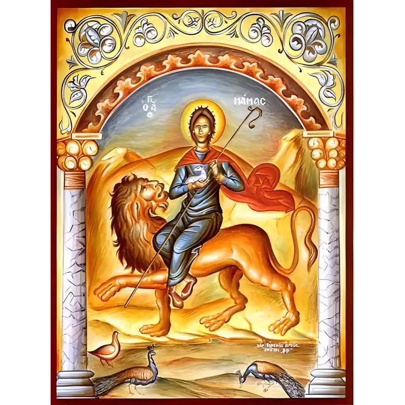 Σετ των 2 Εικόνα Ορθοδοξίας με περίγραμμα χρυσό σε ξύλο Φλαμουρίας  με  βάση Εικόνα ΑΓΙΟΣ ΜΑΜΑΣ, ΜΑΡΤΥΣ, ΚΑΙΣΑΡΕΙΑΣ, ΕΠΙ ΛΕΟΝΤΟΣ Χειροποίητη Ελληνορθόδοξη εικόνα του Ιησού Χριστού, Κρεμαστή πλάκα βυζαντινής τέχνης, χριστιανική τέχνη Διάσταση 15x11 cm (5,9