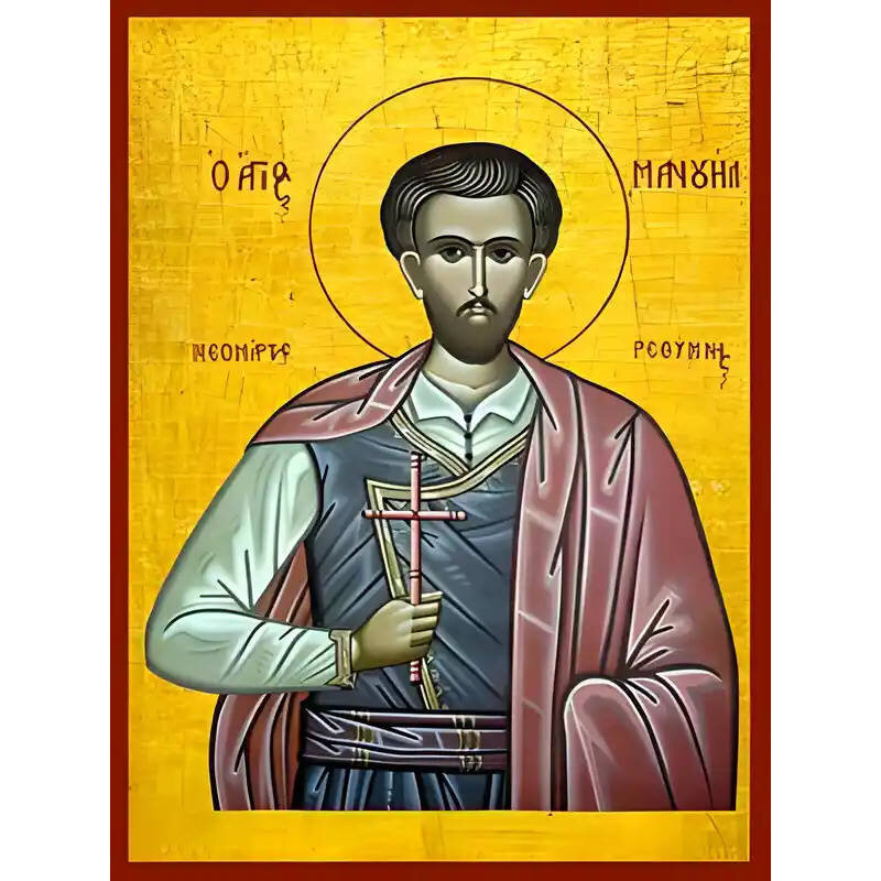 Σετ των 2 Εικόνα Ορθοδοξίας με περίγραμμα χρυσό σε ξύλο Φλαμουρίας  με  βάση Εικόνα ΑΓΙΟΣ ΜΑΝΟΥΗΛ, ΝΕΟΜΑΡΤΥΣ, ΡΕΘΥΜΝΗΣ Χειροποίητη Ελληνορθόδοξη εικόνα του Ιησού Χριστού, Κρεμαστή πλάκα βυζαντινής τέχνης, χριστιανική τέχνη Διάσταση 15x11 cm (5,9x4,3 ίντσε