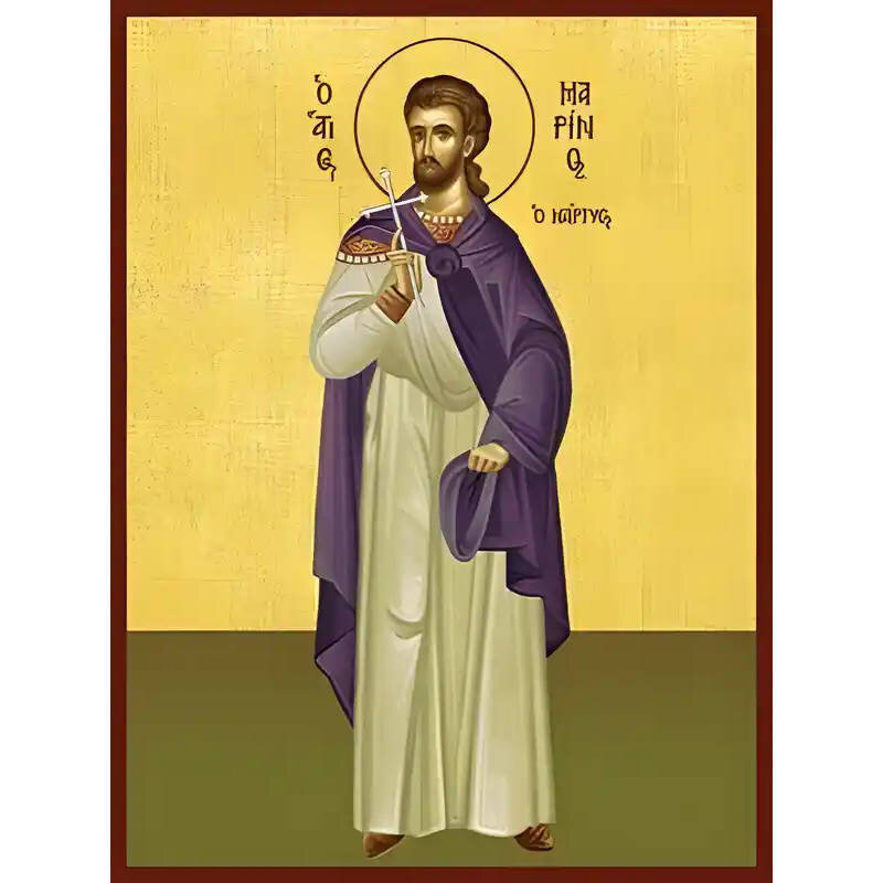 Σετ των 2 Εικόνα Ορθοδοξίας με περίγραμμα χρυσό σε ξύλο Φλαμουρίας  με  βάση Εικόνα ΑΓΙΟΣ ΜΑΡΙΝΟΣ ΚΑΙΣΑΡΕΙΑΣ, ΜΑΡΤΥΣ Χειροποίητη Ελληνορθόδοξη εικόνα του Ιησού Χριστού, Κρεμαστή πλάκα βυζαντινής τέχνης, χριστιανική τέχνη Διάσταση 15x11 cm (5,9x4,3 ίντσες)