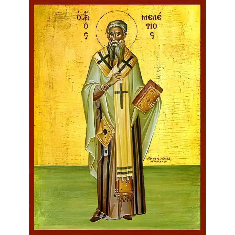 Σετ των 2 Εικόνα Ορθοδοξίας με περίγραμμα χρυσό σε ξύλο Φλαμουρίας  με  βάση Εικόνα ΑΓΙΟΣ ΜΕΛΕΤΙΟΣ, ΑΡΧΙΕΠΙΣΚΟΠΟΣ ΑΝΤΙΟΧΕΙΑΣ, ΟΛΟΣΩΜΟΣ Χειροποίητη Ελληνορθόδοξη εικόνα του Ιησού Χριστού, Κρεμαστή πλάκα βυζαντινής τέχνης, χριστιανική τέχνη Διάσταση 15x11 c