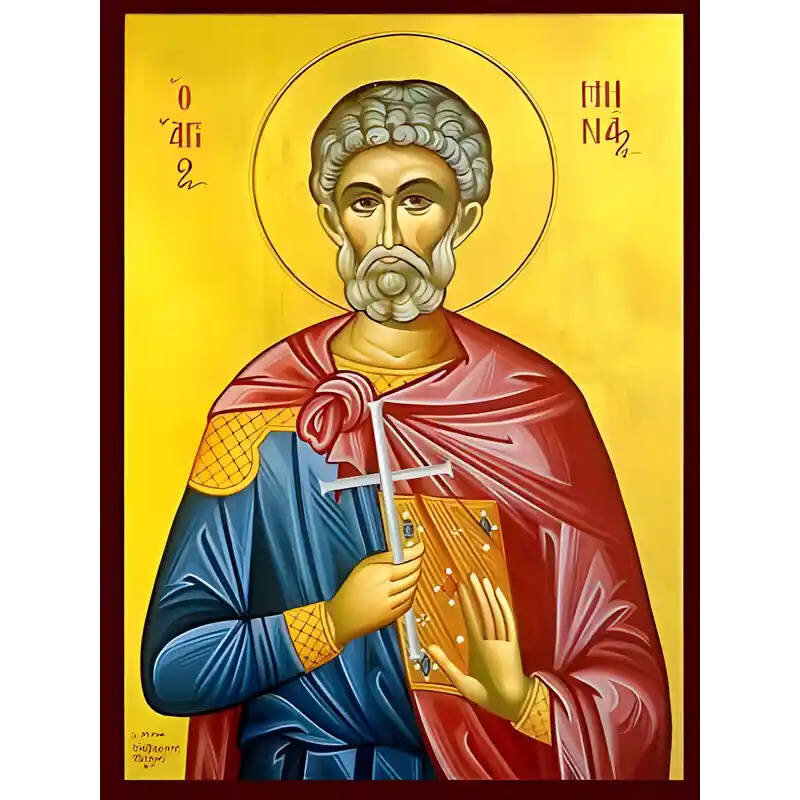 Σετ των 2 Εικόνα Ορθοδοξίας με περίγραμμα χρυσό σε ξύλο Φλαμουρίας  με  βάση Εικόνα ΑΓΙΟΣ ΜΗΝΑΣ, Ο ΜΕΓΑΛΟΜΑΡΤΥΣ, Ο ΑΙΓΥΠΤΙΟΣ Χειροποίητη Ελληνορθόδοξη εικόνα του Ιησού Χριστού, Κρεμαστή πλάκα βυζαντινής τέχνης, χριστιανική τέχνη Διάσταση 15x11 cm (5,9x4,3