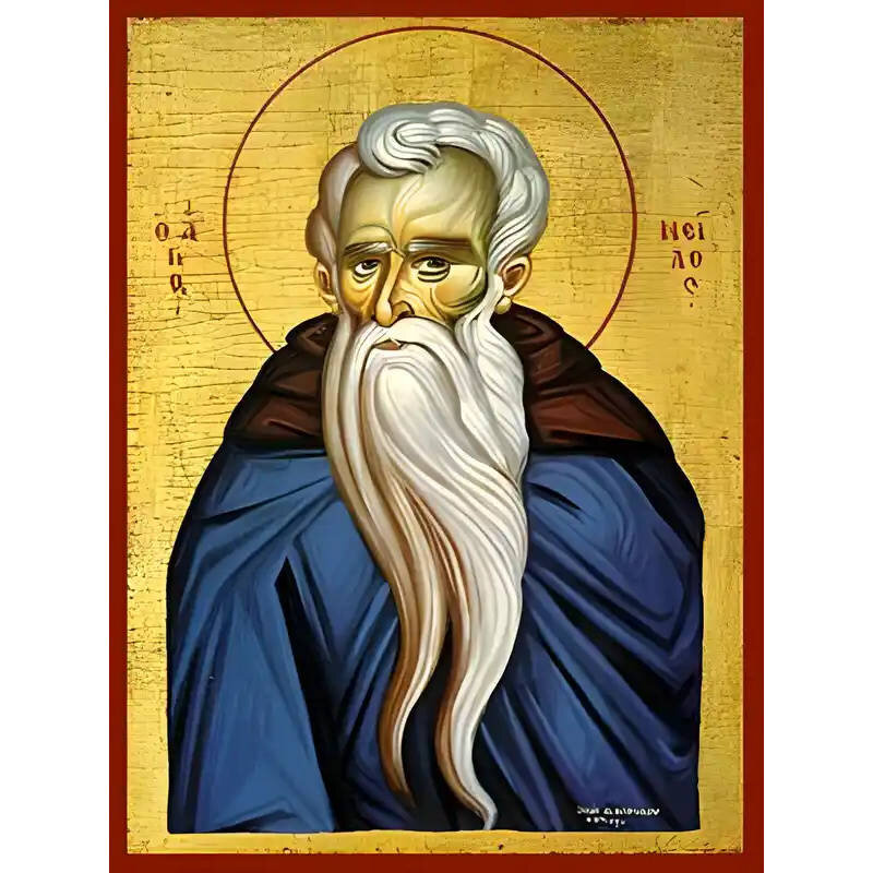 Σετ των 2 Εικόνα Ορθοδοξίας με περίγραμμα χρυσό σε ξύλο Φλαμουρίας  με  βάση Εικόνα ΑΓΙΟΣ ΝΕΙΛΟΣ Ο ΜΥΡΟΒΛΗΤΗΣ, ΕΚ ΚΥΝΟΥΡΙΑΣ, ΠΡΟΤΟΜΗ Χειροποίητη Ελληνορθόδοξη εικόνα του Ιησού Χριστού, Κρεμαστή πλάκα βυζαντινής τέχνης, χριστιανική τέχνη Διάσταση 15x11 cm