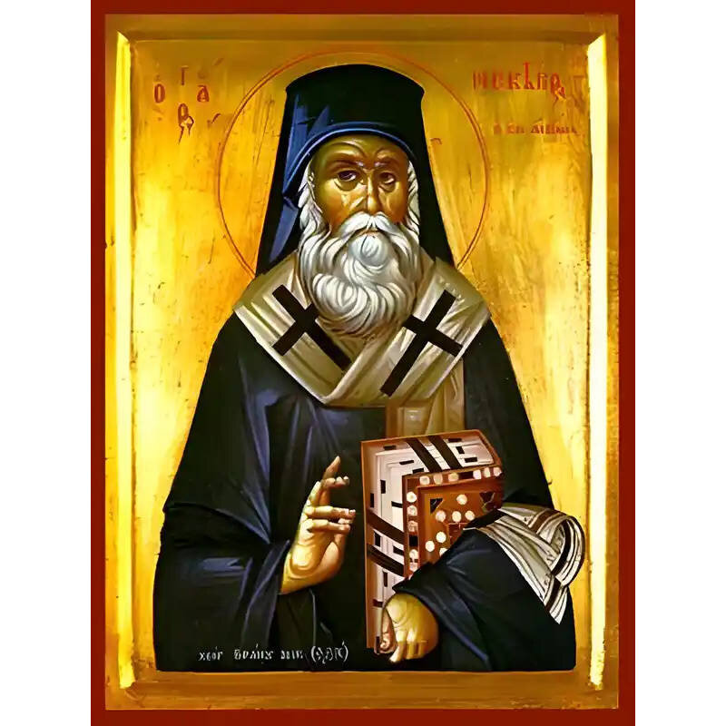 Σετ των 2 Εικόνα Ορθοδοξίας με περίγραμμα χρυσό σε ξύλο Φλαμουρίας  με  βάση Εικόνα ΑΓΙΟΣ ΝΕΚΤΑΡΙΟΣ ΠΕΝΤΑΠΟΛΕΩΣ, Ο ΕΝ ΑΙΓΙΝΗ Χειροποίητη Ελληνορθόδοξη εικόνα του Ιησού Χριστού, Κρεμαστή πλάκα βυζαντινής τέχνης, χριστιανική τέχνη Διάσταση 15x11 cm (5,9x4,3