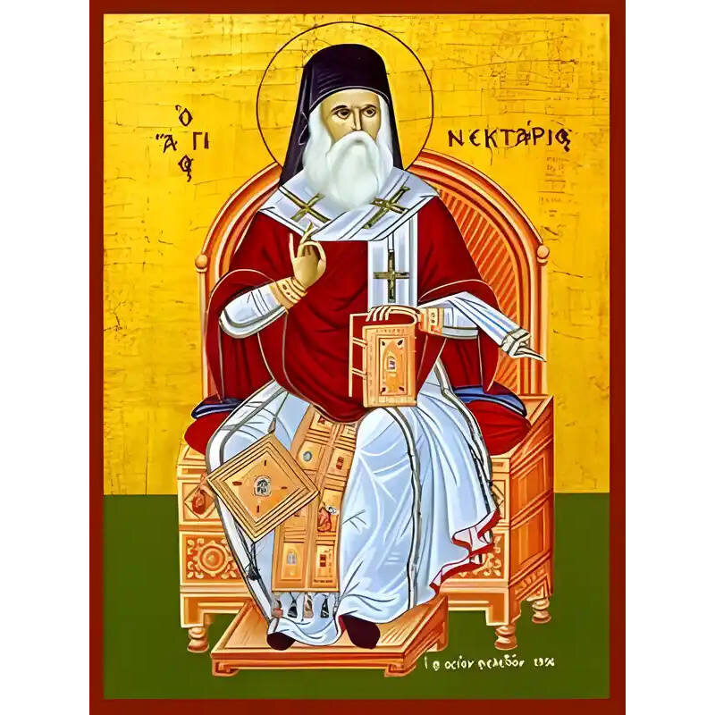 Σετ των 2 Εικόνα Ορθοδοξίας με περίγραμμα χρυσό σε ξύλο Φλαμουρίας  με  βάση Εικόνα ΑΓΙΟΣ ΝΕΚΤΑΡΙΟΣ ΠΕΝΤΑΠΟΛΕΩΣ, Ο ΕΝ ΑΙΓΙΝΗ, ΕΝΘΡΟΝΟΣ Χειροποίητη Ελληνορθόδοξη εικόνα του Ιησού Χριστού, Κρεμαστή πλάκα βυζαντινής τέχνης, χριστιανική τέχνη Διάσταση 15x11 c