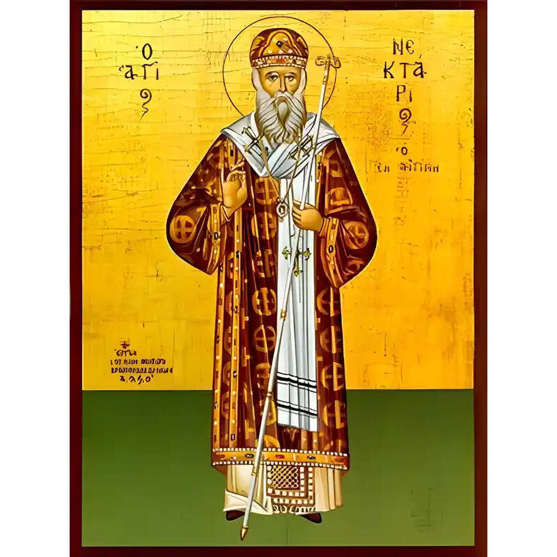 Σετ των 2 Εικόνα Ορθοδοξίας με περίγραμμα χρυσό σε ξύλο Φλαμουρίας  με  βάση Εικόνα ΑΓΙΟΣ ΝΕΚΤΑΡΙΟΣ ΠΕΝΤΑΠΟΛΕΩΣ, Ο ΕΝ ΑΙΓΙΝΗ, ΟΛΟΣΩΜΟΣ Χειροποίητη Ελληνορθόδοξη εικόνα του Ιησού Χριστού, Κρεμαστή πλάκα βυζαντινής τέχνης, χριστιανική τέχνη Διάσταση 15x11 c