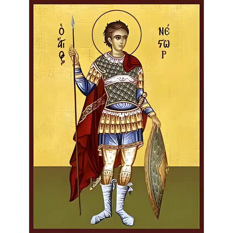 Σετ των 2 Εικόνα Ορθοδοξίας με περίγραμμα χρυσό σε ξύλο Φλαμουρίας  με  βάση Εικόνα ΑΓΙΟΣ ΝΕΣΤΩΡ, ΟΛΟΣΩΜΟΣ Χειροποίητη Ελληνορθόδοξη εικόνα του Ιησού Χριστού, Κρεμαστή πλάκα βυζαντινής τέχνης, χριστιανική τέχνη Διάσταση 15x11 cm (5,9x4,3 ίντσες)  INTRAEK-