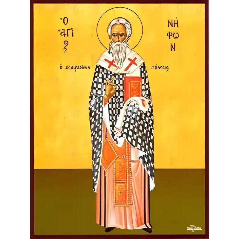 Σετ των 2 Εικόνα Ορθοδοξίας με περίγραμμα χρυσό σε ξύλο Φλαμουρίας  με  βάση Εικόνα ΑΓΙΟΣ ΝΗΦΩΝ, ΠΑΤΡΙΑΡΧΗΣ ΚΩΝΣΤΑΝΤΙΝΟΥΠΟΛΕΩΣ, ΟΛΟΣΩΜΟΣ Χειροποίητη Ελληνορθόδοξη εικόνα του Ιησού Χριστού, Κρεμαστή πλάκα βυζαντινής τέχνης, χριστιανική τέχνη Διάσταση 15x11