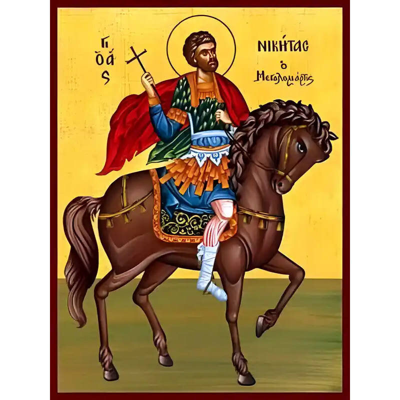 Σετ των 2 Εικόνα Ορθοδοξίας με περίγραμμα χρυσό σε ξύλο Φλαμουρίας  με  βάση Εικόνα ΑΓΙΟΣ ΝΙΚΗΤΑΣ Ο ΜΕΓΑΛΟΜΑΡΤΥΣ, ΕΦΙΠΠΟΣ Χειροποίητη Ελληνορθόδοξη εικόνα του Ιησού Χριστού, Κρεμαστή πλάκα βυζαντινής τέχνης, χριστιανική τέχνη Διάσταση 15x11 cm (5,9x4,3 ίν