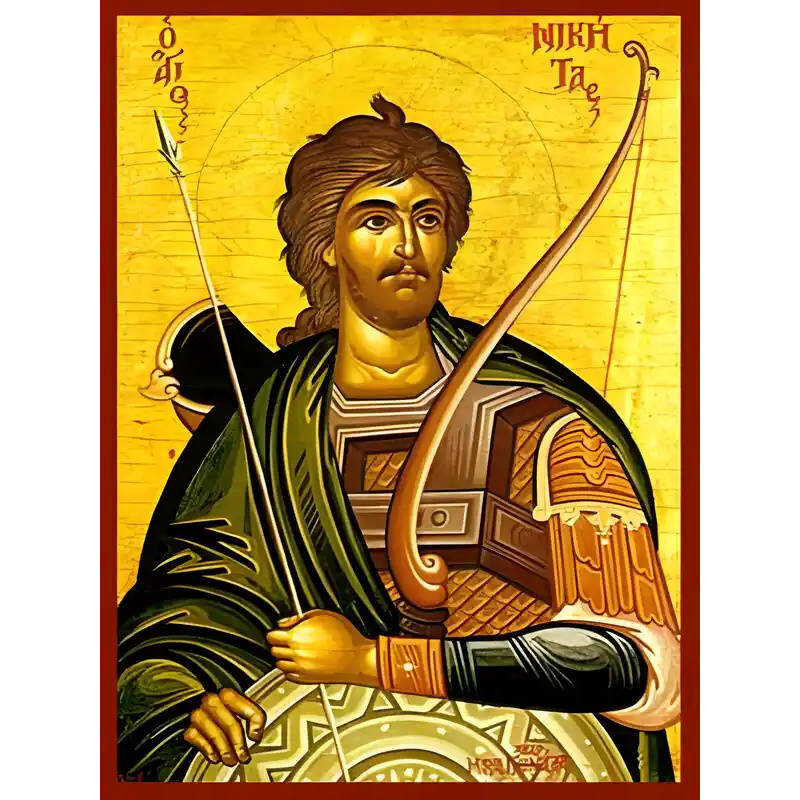 Σετ των 2 Εικόνα Ορθοδοξίας με περίγραμμα χρυσό σε ξύλο Φλαμουρίας  με  βάση Εικόνα ΑΓΙΟΣ ΝΙΚΗΤΑΣ, Ο ΜΕΓΑΛΟΜΑΡΤΥΣ Χειροποίητη Ελληνορθόδοξη εικόνα του Ιησού Χριστού, Κρεμαστή πλάκα βυζαντινής τέχνης, χριστιανική τέχνη Διάσταση 15x11 cm (5,9x4,3 ίντσες)  I