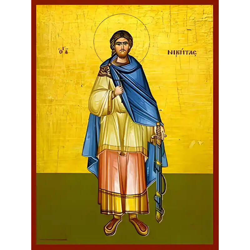 Σετ των 2 Εικόνα Ορθοδοξίας με περίγραμμα χρυσό σε ξύλο Φλαμουρίας  με  βάση Εικόνα ΑΓΙΟΣ ΝΙΚΗΤΑΣ, Ο ΜΕΓΑΛΟΜΑΡΤΥΣ, ΟΛΟΣΩΜΟΣ Χειροποίητη Ελληνορθόδοξη εικόνα του Ιησού Χριστού, Κρεμαστή πλάκα βυζαντινής τέχνης, χριστιανική τέχνη Διάσταση 15x11 cm (5,9x4,3