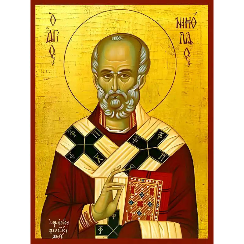Σετ των 2 Εικόνα Ορθοδοξίας με περίγραμμα χρυσό σε ξύλο Φλαμουρίας  με  βάση Εικόνα ΑΓΙΟΣ ΝΙΚΟΛΑΟΣ, ΑΡΧΙΕΠΙΣΚΟΠΟΣ ΜΥΡΩΝ ΛΥΚΙΑΣ Χειροποίητη Ελληνορθόδοξη εικόνα του Ιησού Χριστού, Κρεμαστή πλάκα βυζαντινής τέχνης, χριστιανική τέχνη Διάσταση 15x11 cm (5,9x4