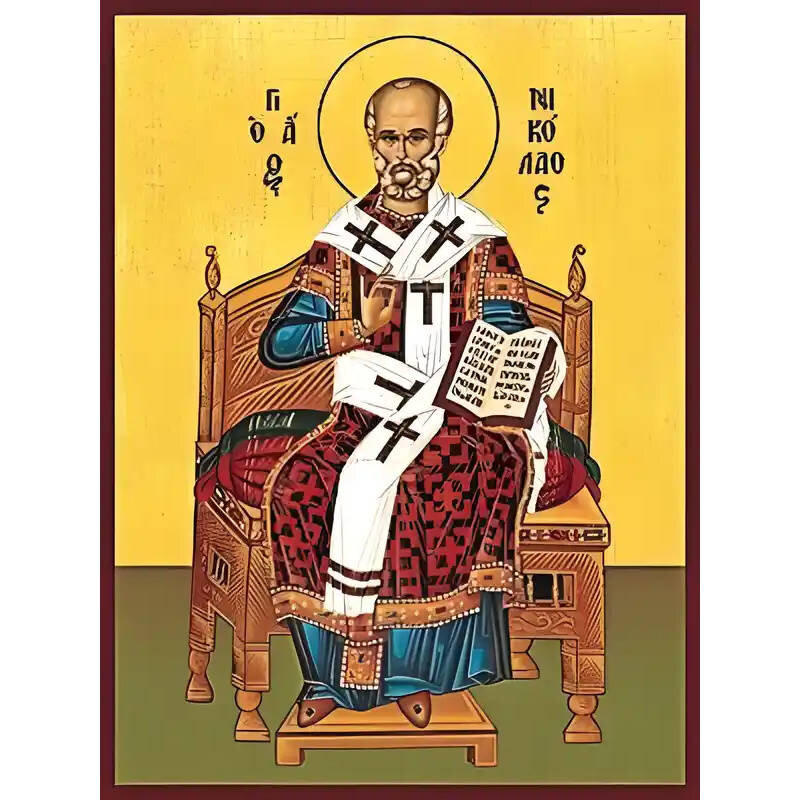 Σετ των 2 Εικόνα Ορθοδοξίας με περίγραμμα χρυσό σε ξύλο Φλαμουρίας  με  βάση Εικόνα ΑΓΙΟΣ ΝΙΚΟΛΑΟΣ, ΑΡΧΙΕΠΙΣΚΟΠΟΣ ΜΥΡΩΝ ΛΥΚΙΑΣ, ΕΝΘΡΟΝΟΣ Χειροποίητη Ελληνορθόδοξη εικόνα του Ιησού Χριστού, Κρεμαστή πλάκα βυζαντινής τέχνης, χριστιανική τέχνη Διάσταση 15x11