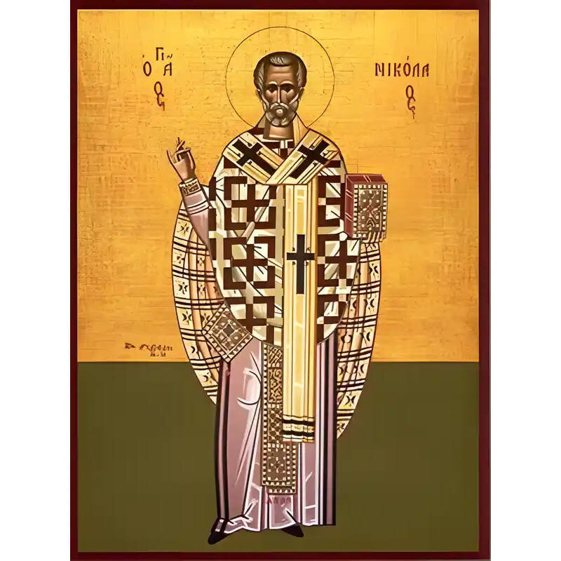 Σετ των 2 Εικόνα Ορθοδοξίας με περίγραμμα χρυσό σε ξύλο Φλαμουρίας  με  βάση Εικόνα ΑΓΙΟΣ ΝΙΚΟΛΑΟΣ, ΑΡΧΙΕΠΙΣΚΟΠΟΣ ΜΥΡΩΝ ΛΥΚΙΑΣ, ΟΛΟΣΩΜΟΣ Χειροποίητη Ελληνορθόδοξη εικόνα του Ιησού Χριστού, Κρεμαστή πλάκα βυζαντινής τέχνης, χριστιανική τέχνη Διάσταση 15x11