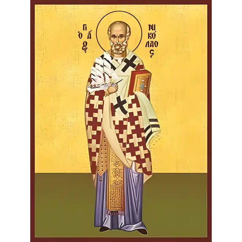 Σετ των 2 Εικόνα Ορθοδοξίας με περίγραμμα χρυσό σε ξύλο Φλαμουρίας  με  βάση Εικόνα ΑΓΙΟΣ ΝΙΚΟΛΑΟΣ, ΑΡΧΙΕΠΙΣΚΟΠΟΣ ΜΥΡΩΝ ΛΥΚΙΑΣ, ΟΛΟΣΩΜΟΣ Χειροποίητη Ελληνορθόδοξη εικόνα του Ιησού Χριστού, Κρεμαστή πλάκα βυζαντινής τέχνης, χριστιανική τέχνη Διάσταση 15x11