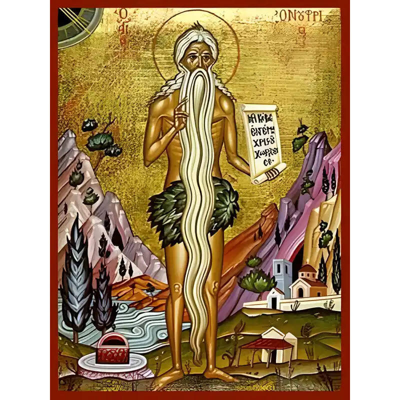 Σετ των 2 Εικόνα Ορθοδοξίας με περίγραμμα χρυσό σε ξύλο Φλαμουρίας  με  βάση Εικόνα ΑΓΙΟΣ ΟΝΟΥΦΡΙΟΣ Ο ΑΙΓΥΠΤΙΟΣ, ΟΛΟΣΩΜΟΣ Χειροποίητη Ελληνορθόδοξη εικόνα του Ιησού Χριστού, Κρεμαστή πλάκα βυζαντινής τέχνης, χριστιανική τέχνη Διάσταση 15x11 cm (5,9x4,3 ίν