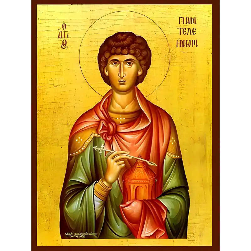 Σετ των 2 Εικόνα Ορθοδοξίας με περίγραμμα χρυσό σε ξύλο Φλαμουρίας  με  βάση Εικόνα ΑΓΙΟΣ ΠΑΝΤΕΛΕΗΜΩΝ, Ο ΜΕΓΑΛΟΜΑΡΤΥΣ Χειροποίητη Ελληνορθόδοξη εικόνα του Ιησού Χριστού, Κρεμαστή πλάκα βυζαντινής τέχνης, χριστιανική τέχνη Διάσταση 15x11 cm (5,9x4,3 ίντσες